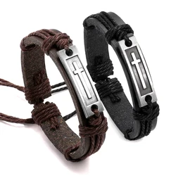 Kirykle Brown Black Cross Leather Bracelet for Men Women Jesus Christian Religious Vintage Jewelry Bracelets & Bangles Gift