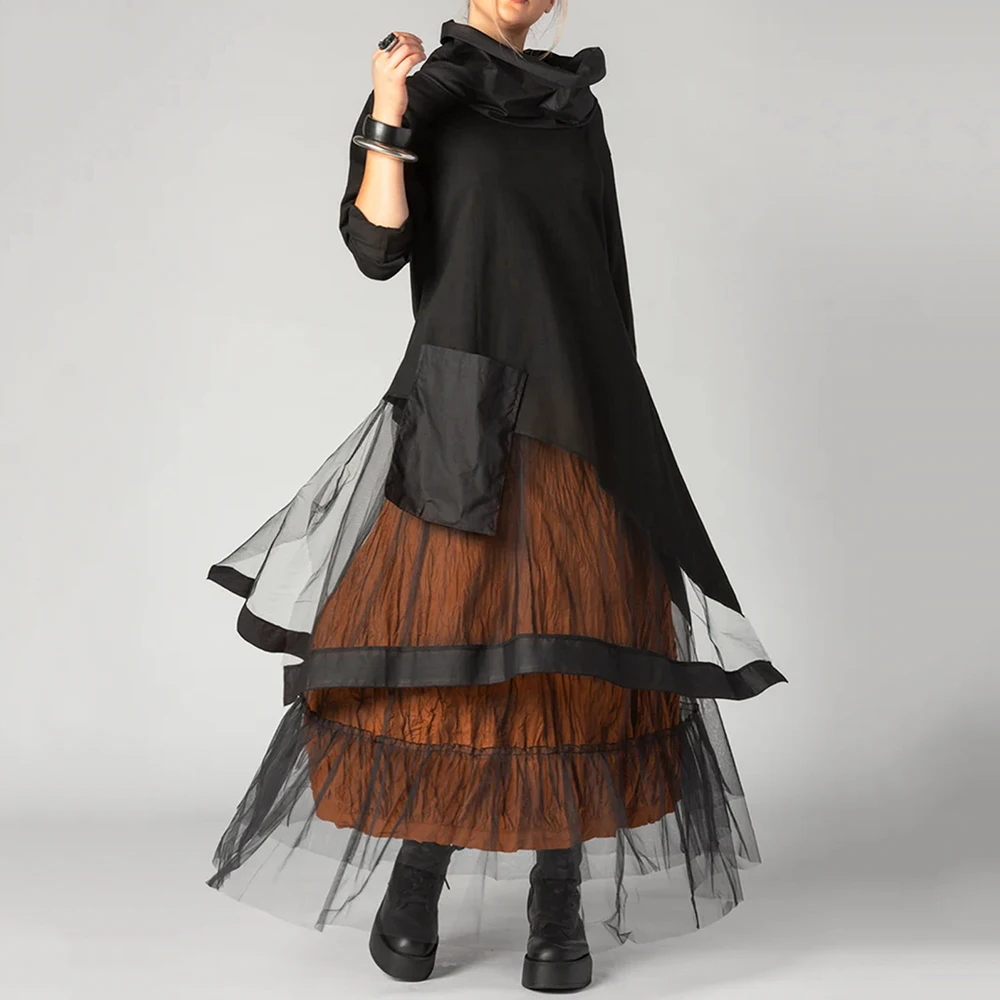 

Asymmetrical Tulle Cowl Neck Women's Dress Black & Brown Patchwork Mesh Sheer Long Sleeve Fashion Vintage Streetwear Maxi Dress