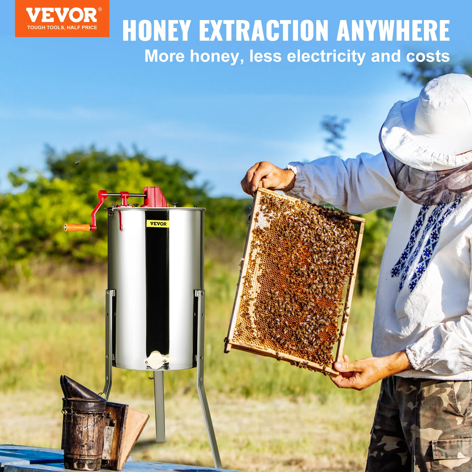 VEVOR Manual Honey Stainless Steel Beekeeping Extractor Honeycomb Drum Spinner with Lid Adjustable Apiary Centrifuge Equipment