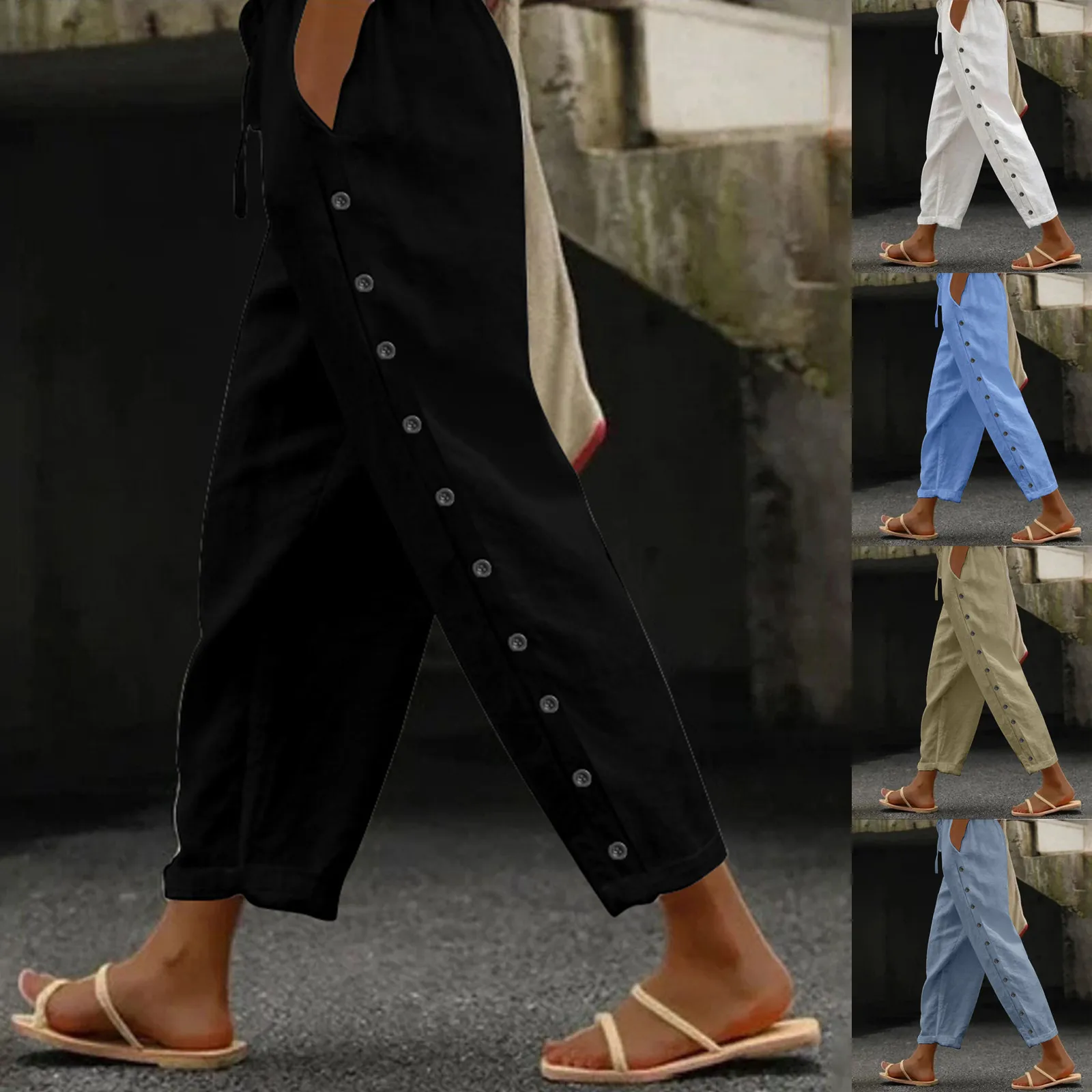 Women's Pants Fashion Elastic Waist Straight Pant Button Decor Casual Solid Loose Female Elegant Long Trousers With Pockets