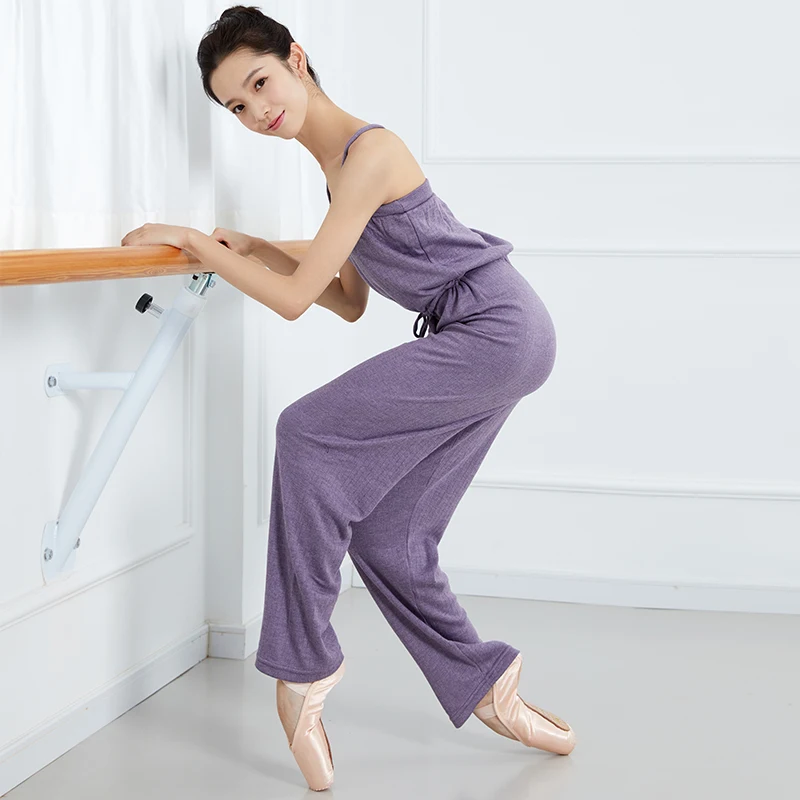 Sansha Mono de punto para adulto, leotardo de una pieza, pantalón suelto de punto de longitud completa, ropa de baile para mujer con cintura con cordón KH2102
