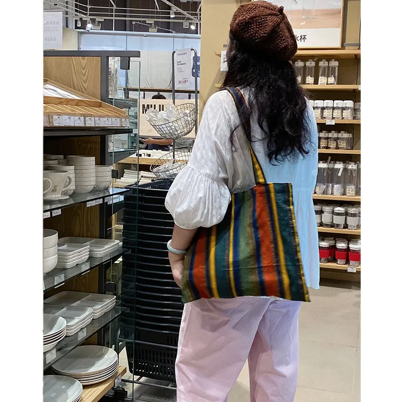 Ladies Bohemian Striped Linen Tote Bag Large Capacity Casual Shoulder Bag Daily Handbag for Daily Commute Shopping Travel image 5