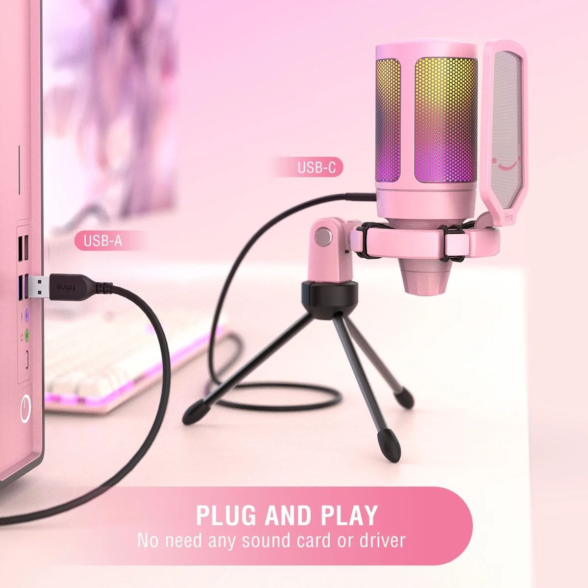 FIFINE-micrófono USB para juegos de PC, amplificador RGB, condensador de ordenador de escritorio para estudio/vídeo, color rosa