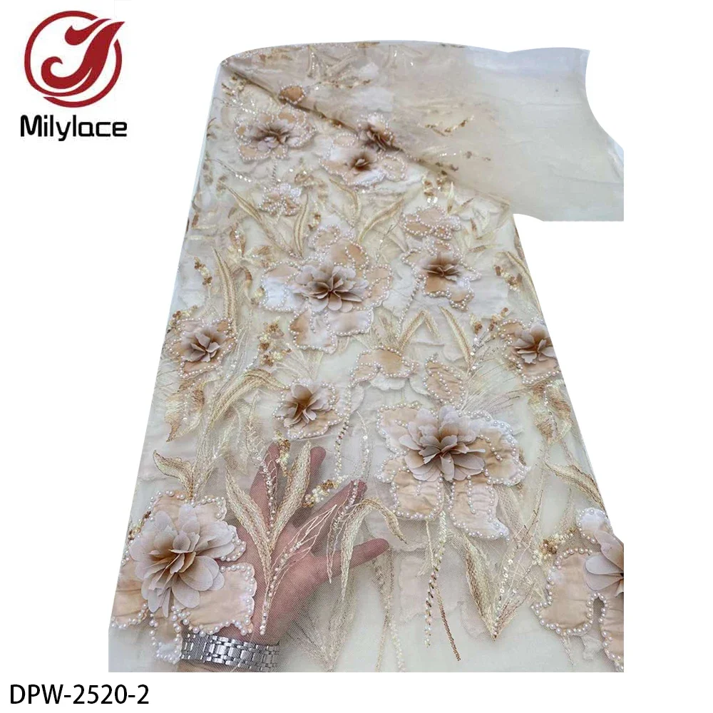 African 3D Flower Applique Lace Fabric High Quality Embroidered French Tulle Beads Bridal Lace for Wedding  DPW-2520