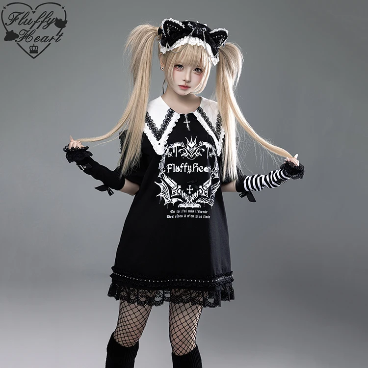 Japońska Kolekcja Gotycka Subkultura Lalka Kołnierz Krótki Rękaw Drukowana Koronka Łączenie Luźna Codzienna Długa Koszulka Damska Letnia Sukienka