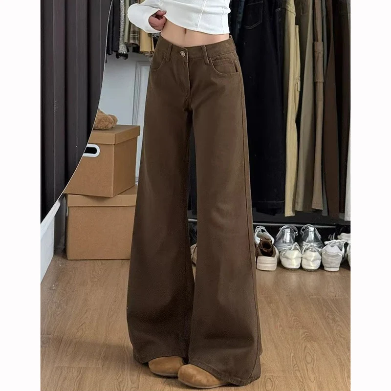 

Новые женские корейские джинсы-клеш 2026 года, однотонные, коричневые, облегающие, из денима, в стиле ретро, повседневные, модные, тонкие брюки для девушек