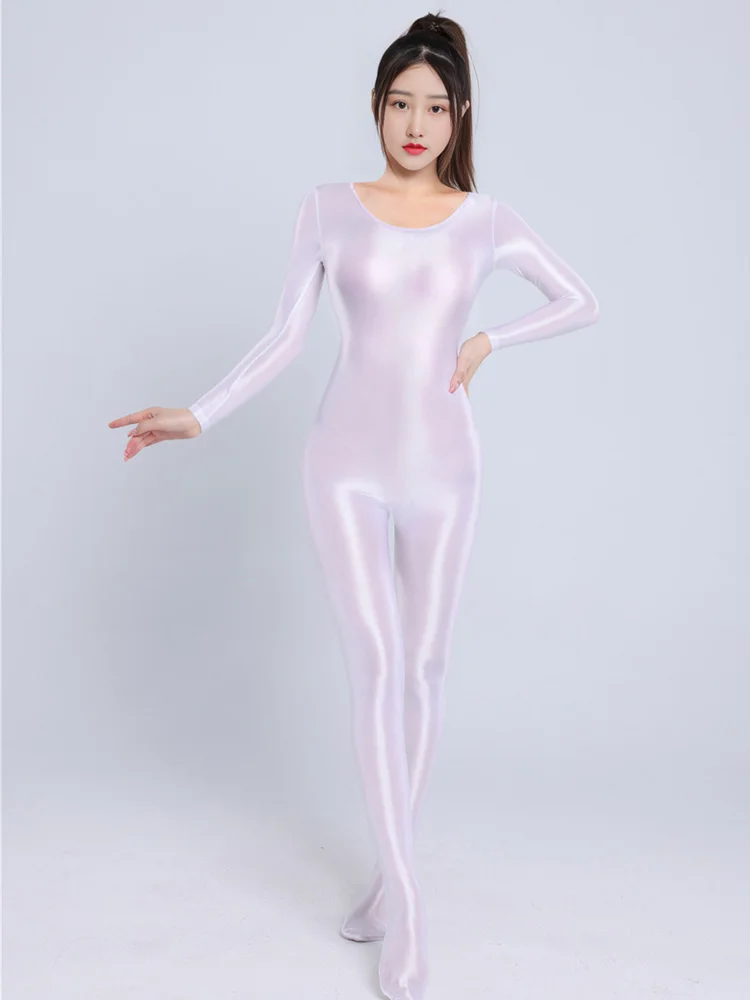 Sexy Women Stain Oil Shiny Elastic Bodysuit Shapping Romper One-piece Thong Silky Tight Satin Jumpsuits Candy Color Maid Leotard