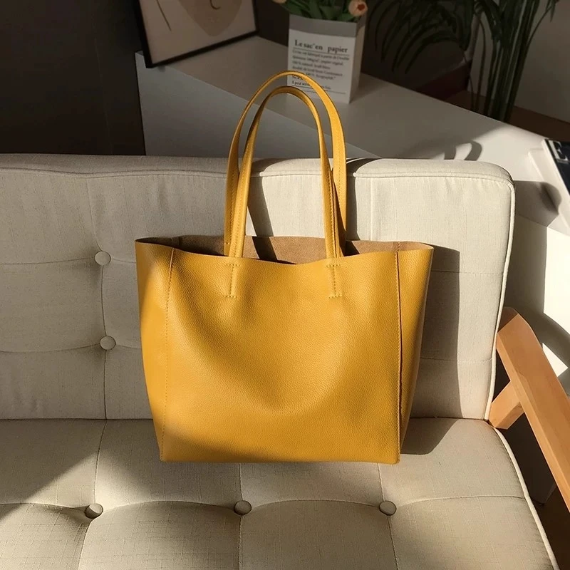 

Women Genuine Leather Tote Fashion Simple Soft Cowhide Large Capacity Shoulder Bag Daily Work Commuting Handbag Bolsa Feminina