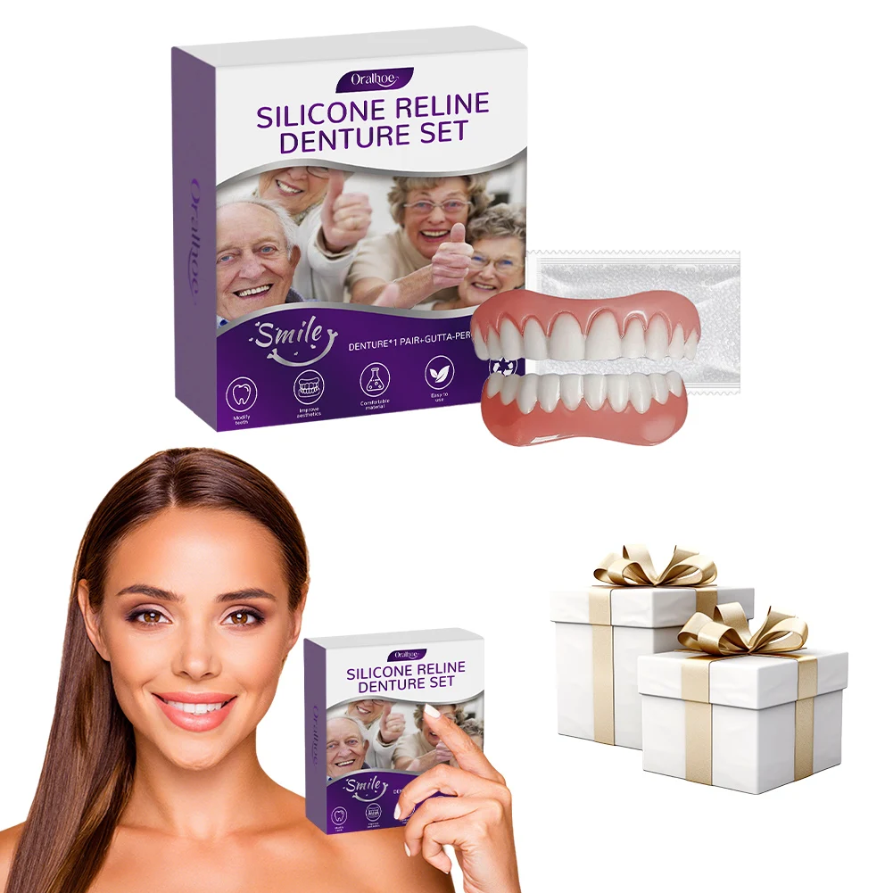 Juego de dentaduras postizas de Reline de silicona, dentaduras postizas suaves resistentes al desgaste, dientes no tóxicos, juego superior e inferior para hombres y mujeres