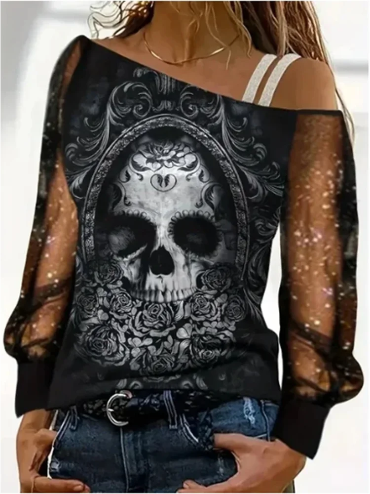 Trendy Street Diagonal Collar T-shirt Women Black Skull Printed Transparent Sleeves Sequin Top