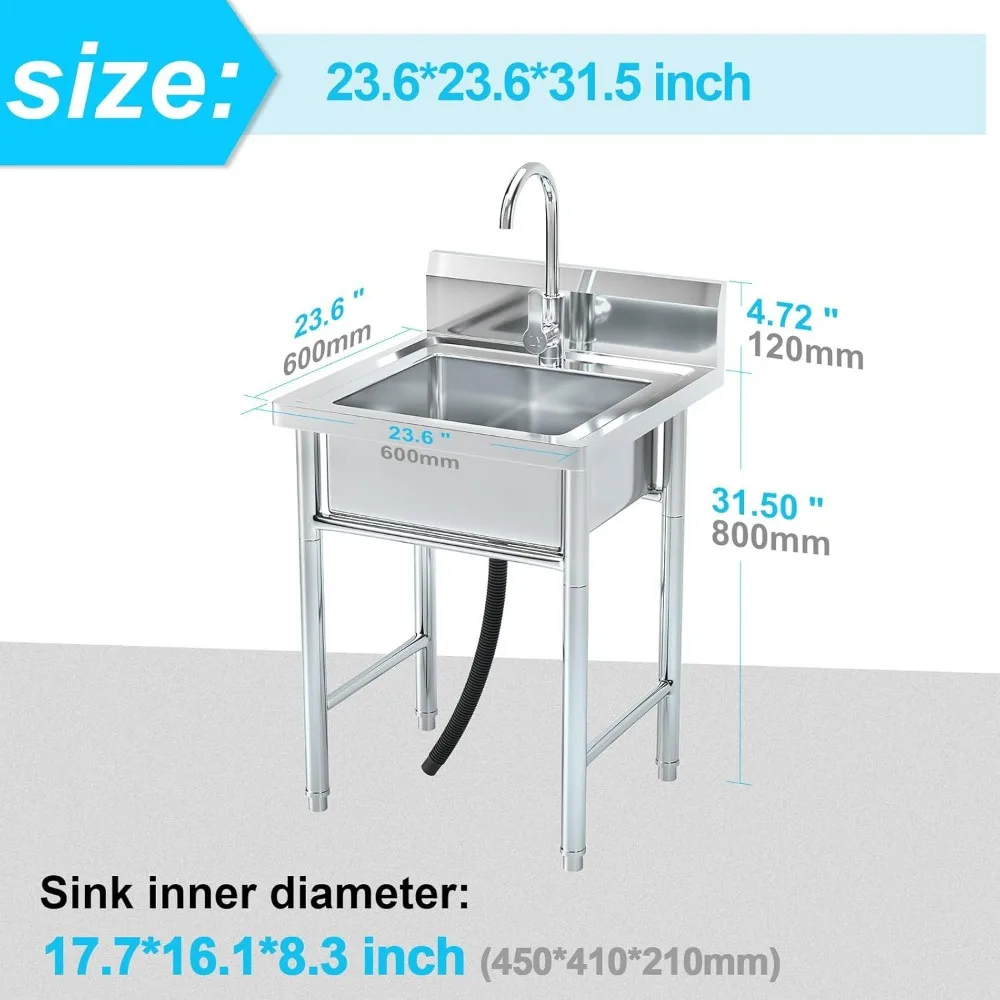 Fregadero de utilidad, fregadero de lavandería independiente de un solo cuenco con agua fría y caliente, fregadero de acero inoxidable para cocina