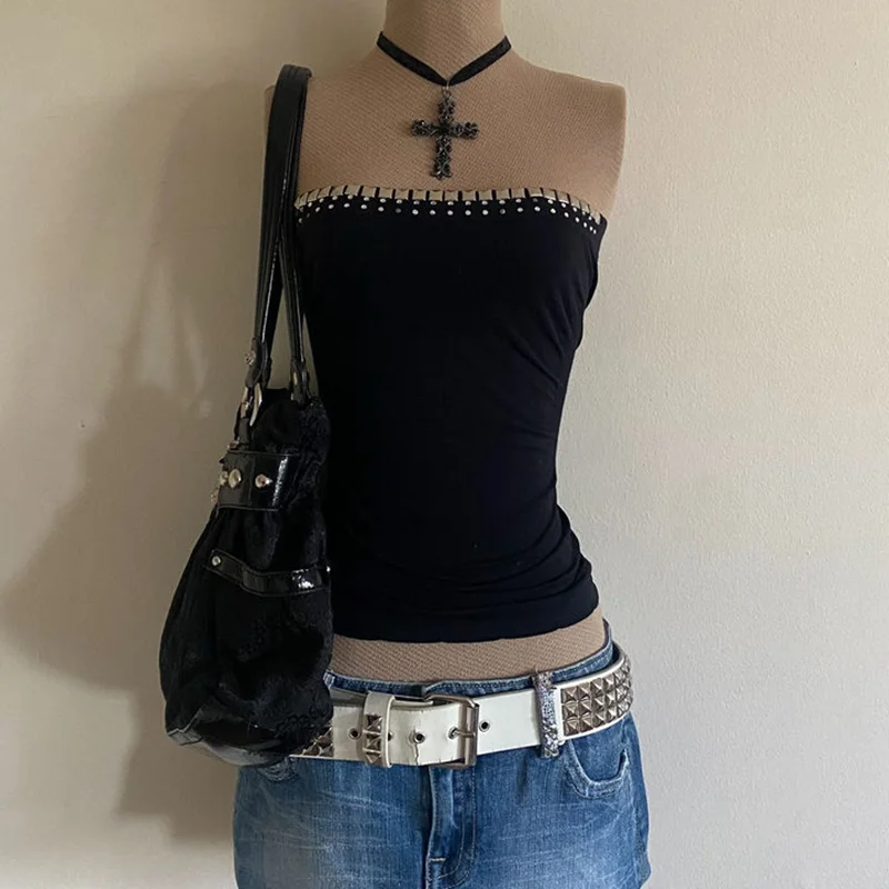 

2000s Vintage Y2k Printed Woman Strapless rivet Harajuku Clothing Design Retro Streetwear Letter Print Top Gothic Clothes