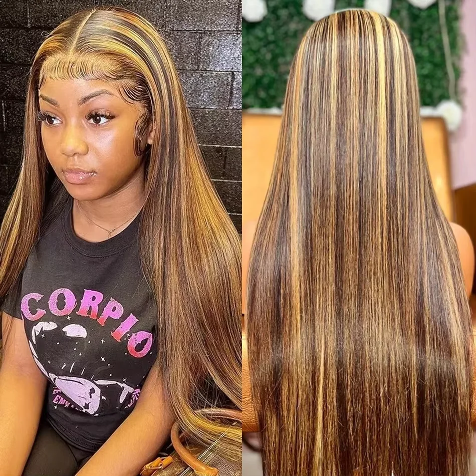 Straight  13x6 HD Transparent Ombre Bone Lace Front Wig 30 32Inch Highlight 13x4 Human Hair Lace Frotnal Wig 250% For Women 4/27
