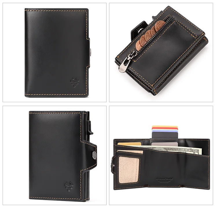 HUMERPAUL Herren-Kartenhalter mit Geldfach, Crazy Horse-Leder, Pop-Up, minimalistische Geldbörse, RFID-blockierendes, schlankes Bankkartenetui aus Metall – Detail 16