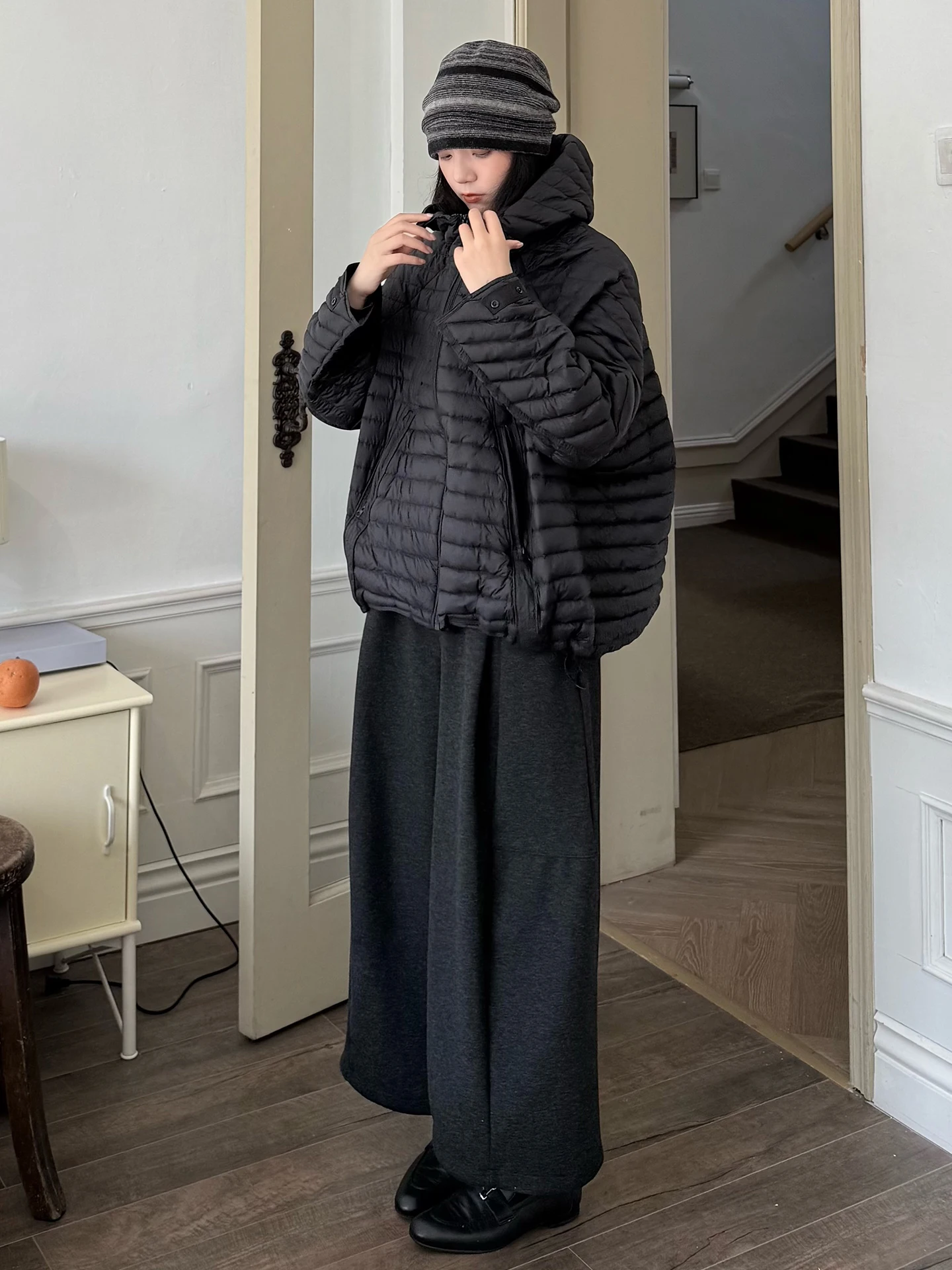 Thickened Fleece Lined Casual Pants Dark Style Composite Baby Velvet Wide Leg Nine Points Women's High Waist Cotton Blend Tro...