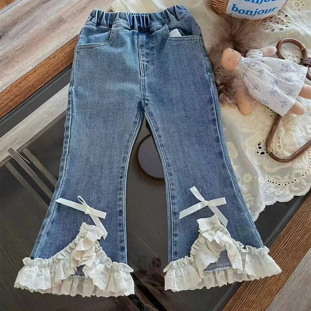 2-8Years Old Kids Girls Jeans Spring Autumn Cute Lace Patchwork Bow Flared Denim Pants Children Clothes Bell-bottomed Trousers