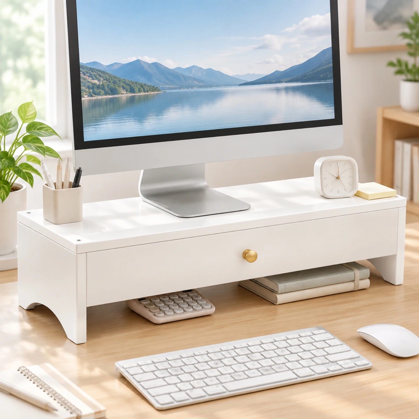 Desktop Monitor Riser with Open Shelf Space-Saving Monitor Riser with Drawer Workspace Desktop Organizer Ergonomic Long-Lasting