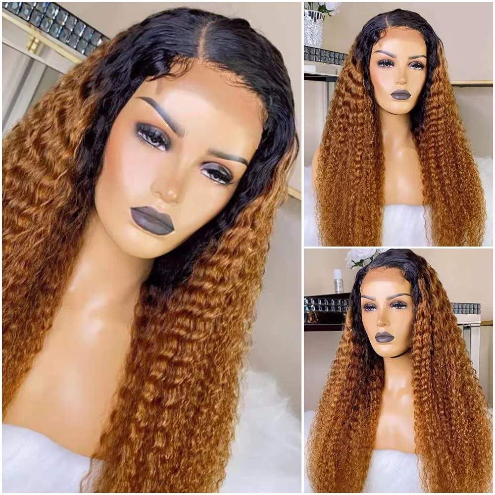 

26 Inch 180% Density Soft Preplucked Glueless Long Ombre Blonde Kinky Curly Lace Front Wig Fiber For Black Women With Baby Hair