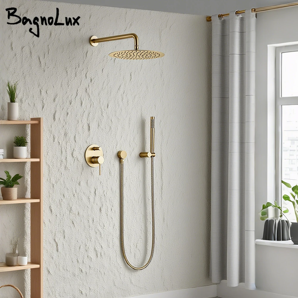 

Pop Up Button Shower Faucet Set Wall Mount 2 Ways Diverter Bathroom Round Rain Shower Mixer Brass Push Button Tap