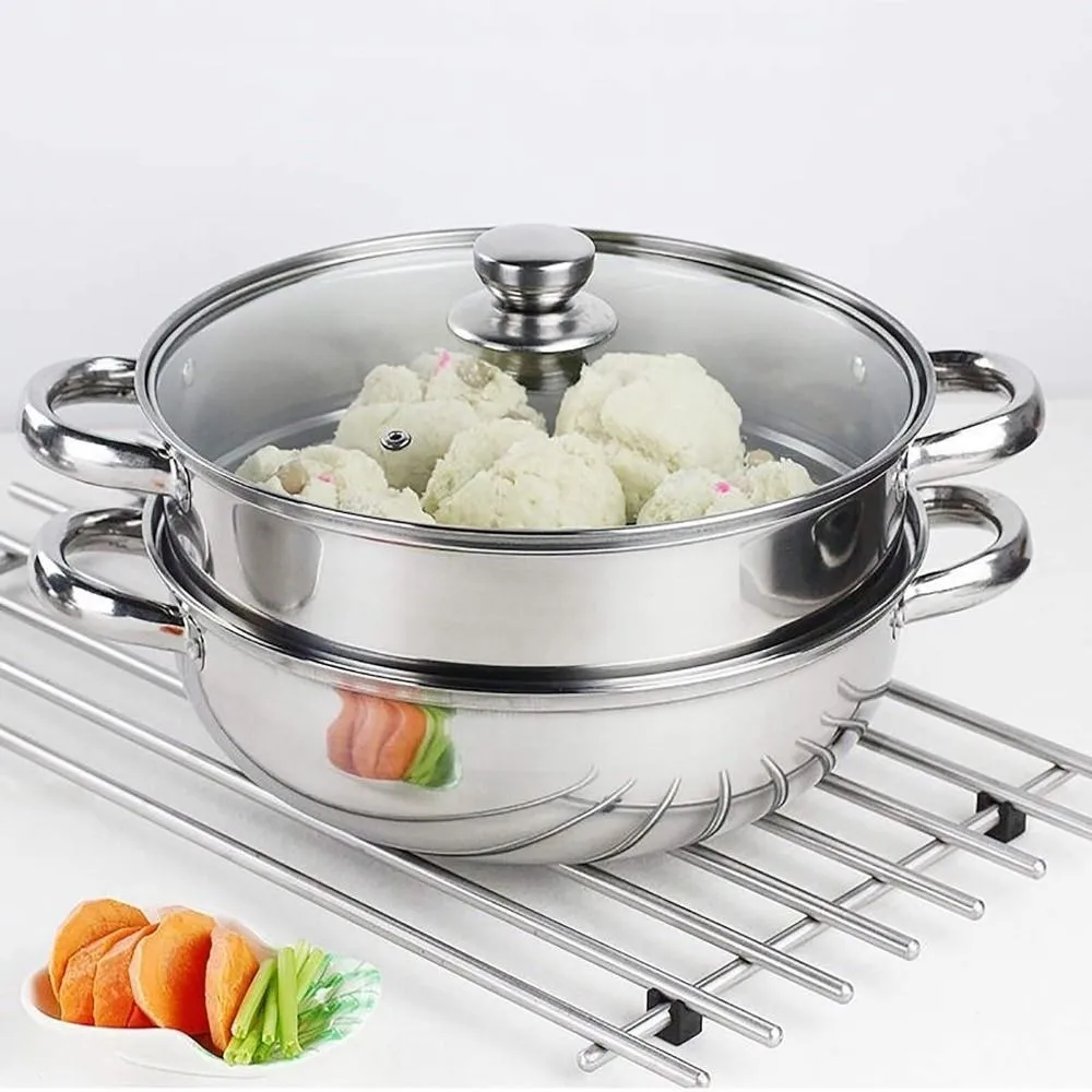 

Fish/Soup/Hot Pot Stainless Steel Steamer Stainless Steel Tempered Glass Lid Steaming Cookware Save Space Double Handle