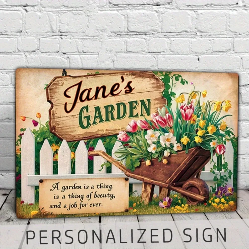 2D Flat Aluminum Custom Name Wall Plaque with White Picket Fence Pattern, Rustic Jane's Garden Wall Art Decor Gift for Bedroom