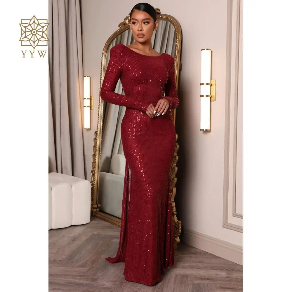 Wine Red Long Evening Dress Glitter Sequin Sexy Backless Evening Wedding Party Dresses Mermaid Long Sleeves Tassel Formal Dress