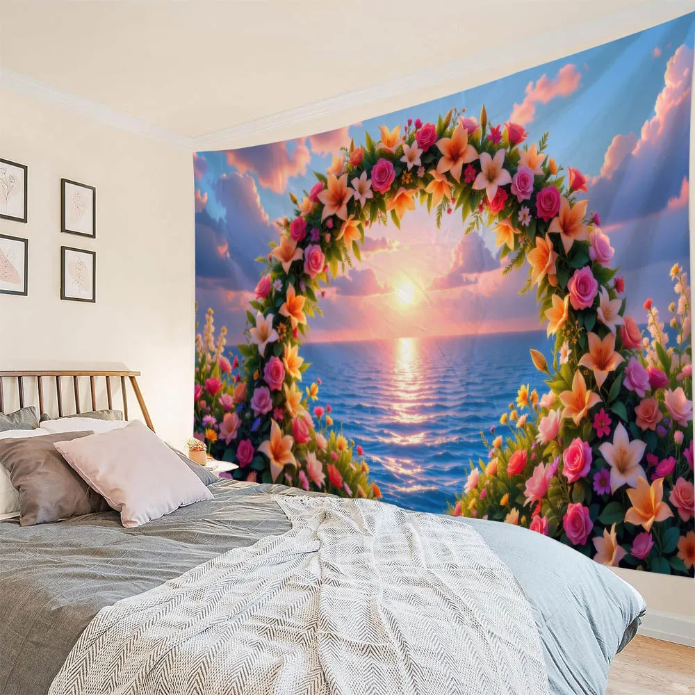 Bohemian Floral Print Tapestry Dreamy Forest Waterfall Wall Hanging for Living Room Bedroom Home Decor Wall Background Cloth