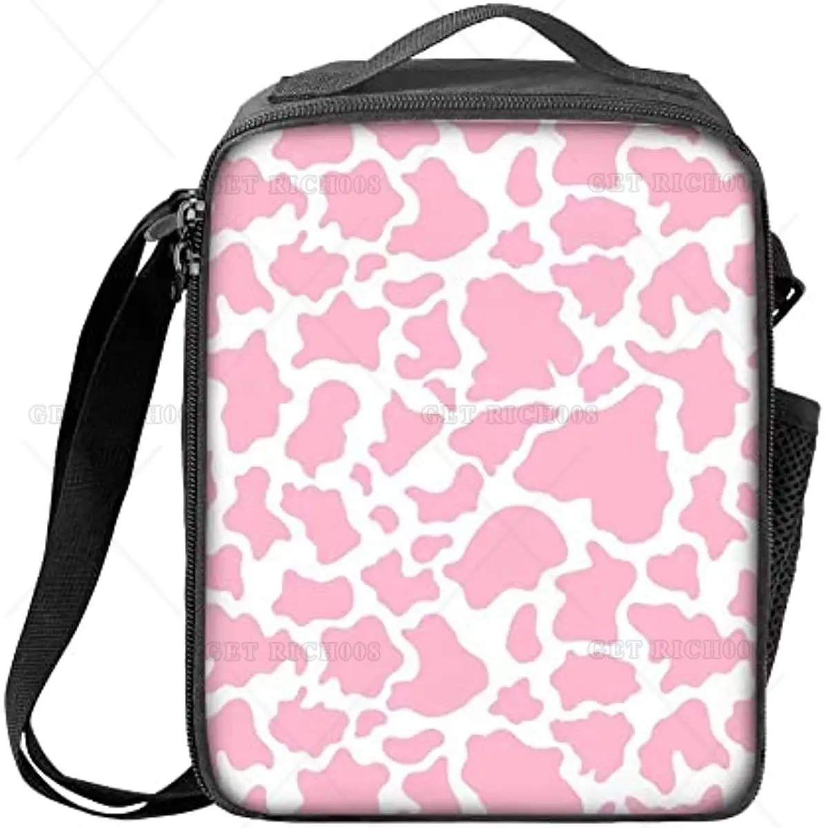 Fiambrera aislada con estampado de vaca rosa para niños y niñas, bolsa de almuerzo escolar con soporte para botella de agua, bolsas de comida para