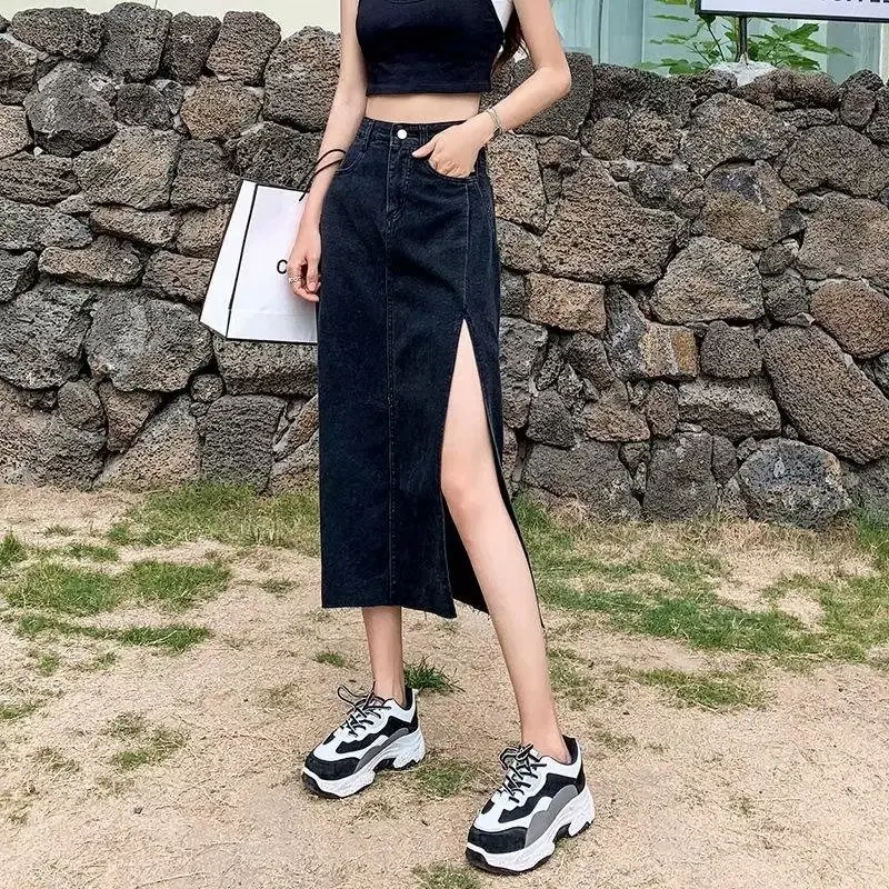 Women High Waist Long Denim Skirt Elegant Slit Raw Hem A-Line Summer Casual Midi Jean Skirts with Pockets