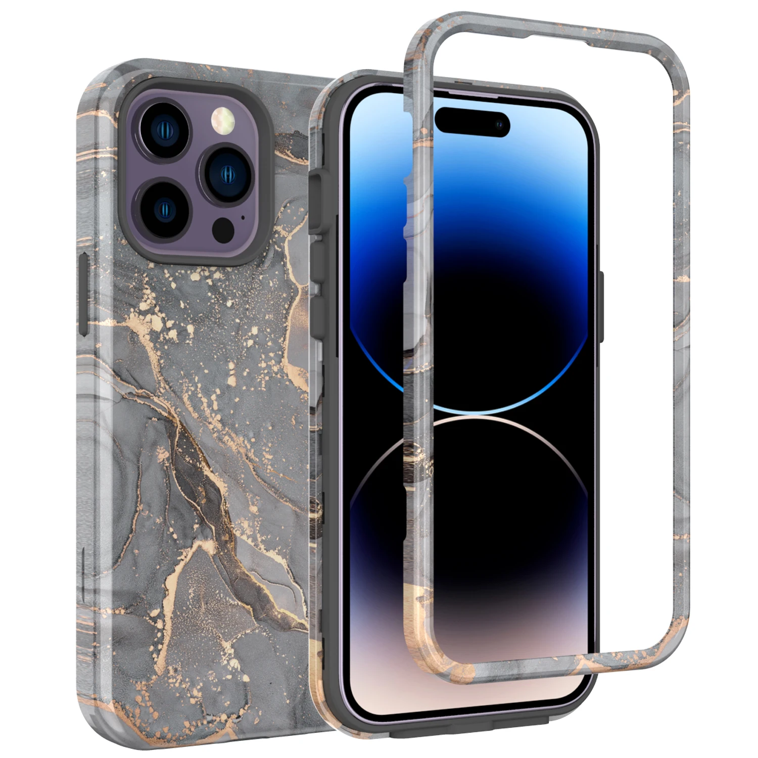 Shockproof Marble Flower Hybrid Heavy Duty Case For iPhone 15 Pro Max, 14, 13, 12, Drop Protection Three Layer Stone Hard Cover