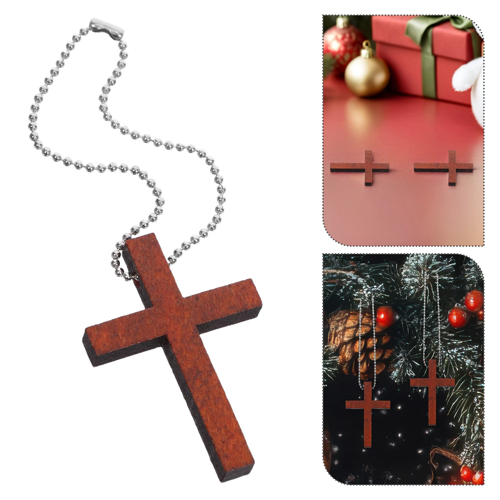 

50 set Wood Cross Beads Natural Wooden Charms With Stainless Steel Chains Christmas Church Decor Religious Party Favors Home