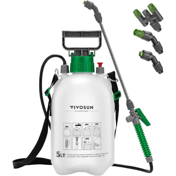 VIVOSUN 1.3 Gallon Pump Pressure Sprayer, 5L Pressurized Lawn & Garden Water Spray Bottle with 3 Water Nozzles