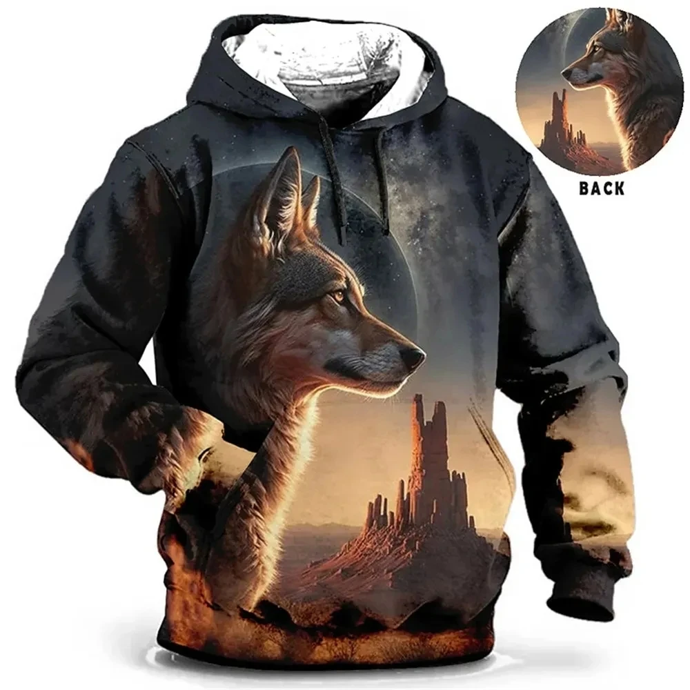 Vintage Hoodies For Men Wolf Animal Pattern 3d Print Eagle Leopard Tops Autumn Winter Casual Long Sleeve Oversized Tiger Hooded