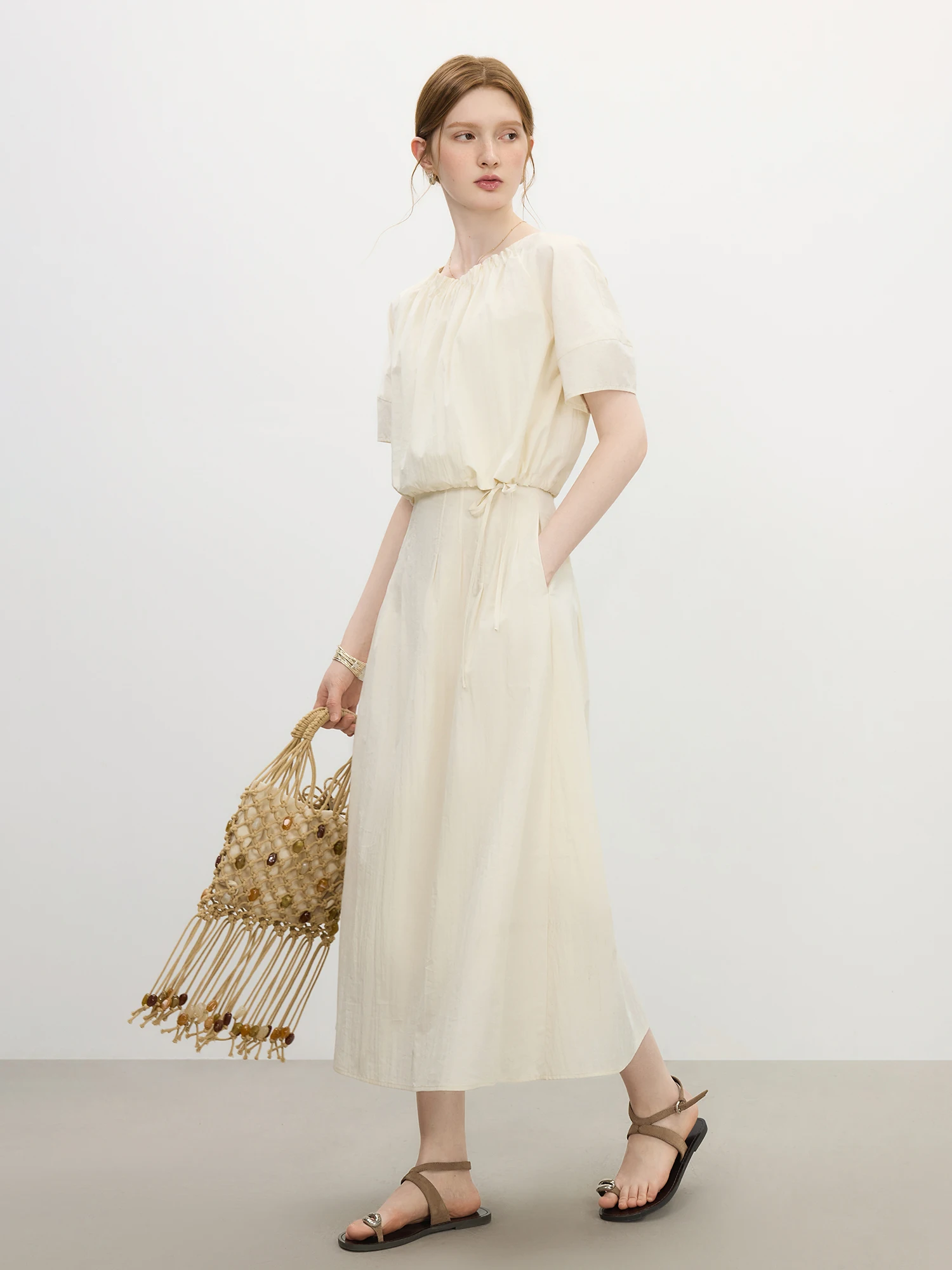 FSLE Summer 2025 Women's Vintage Midi Dress - Round Neck Tie-Waist Flowy Boho Drop Shoulder Maxi Beach to Office