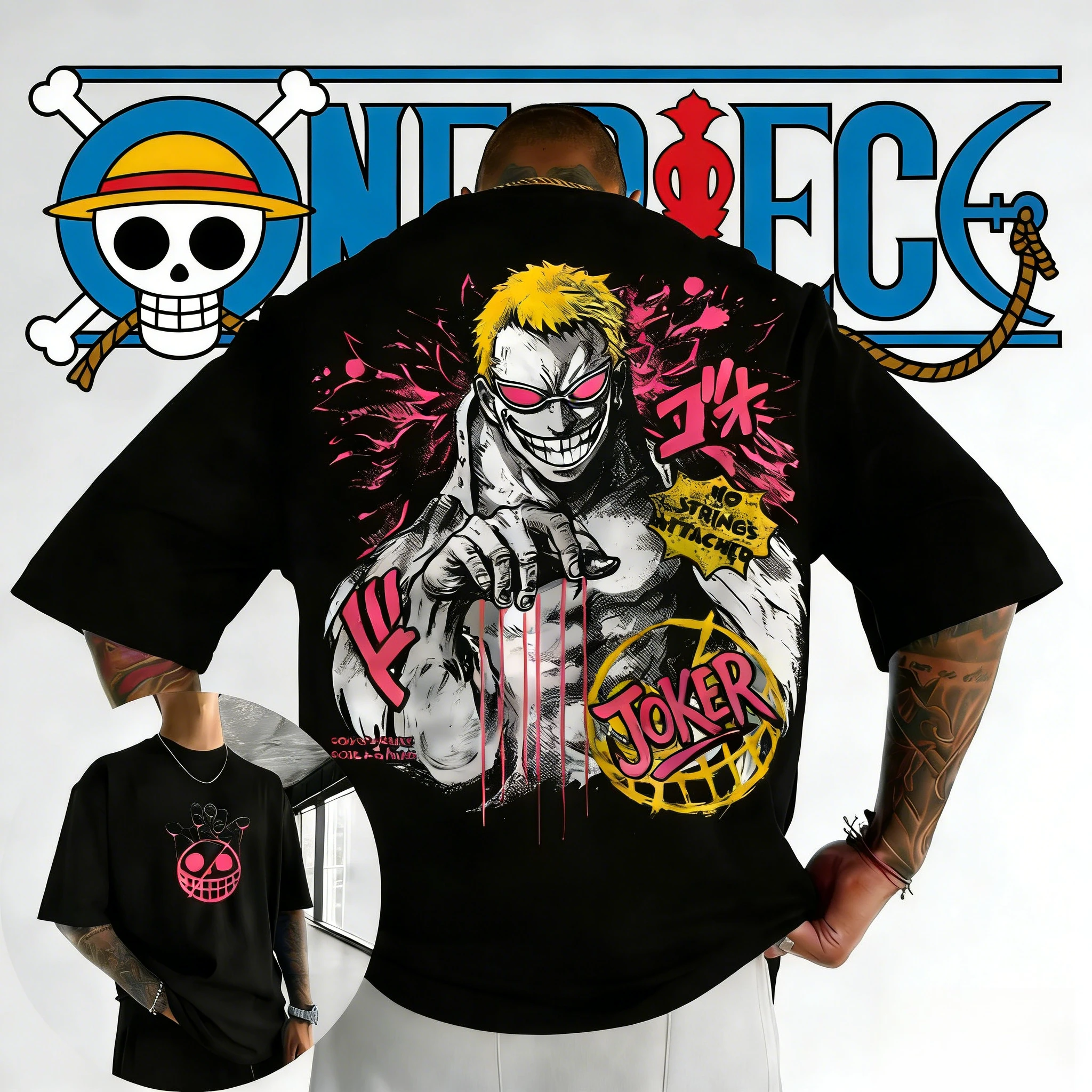 2026 Summer One Piece Donquixote Doflamingo Cotton T-Shirt Vintage Joker Pink Print Streetwear for Men Women Teens Anime Fans