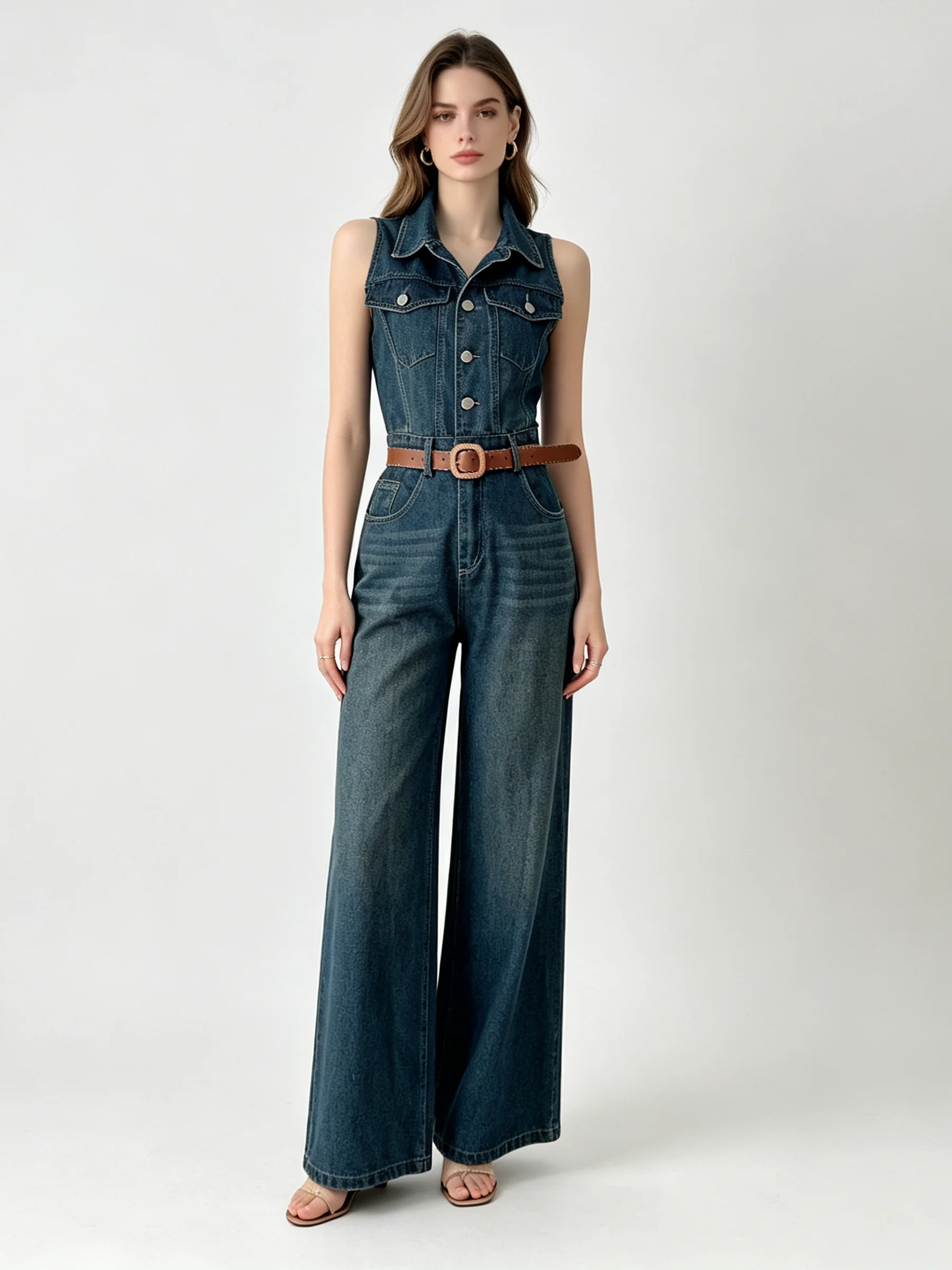 

LIMO Slim Fit Denim Jumpsuit for Women Casual Sleeveless Wide Leg Overalls