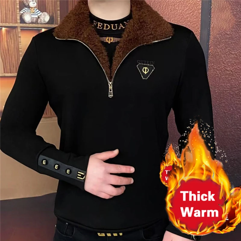

Winter Zippered Fleece Collar Tshirt Men Fleece Lined Thickened Tee Shirt Homme New Fashionable Versatile Slim Fit Sweatshirt