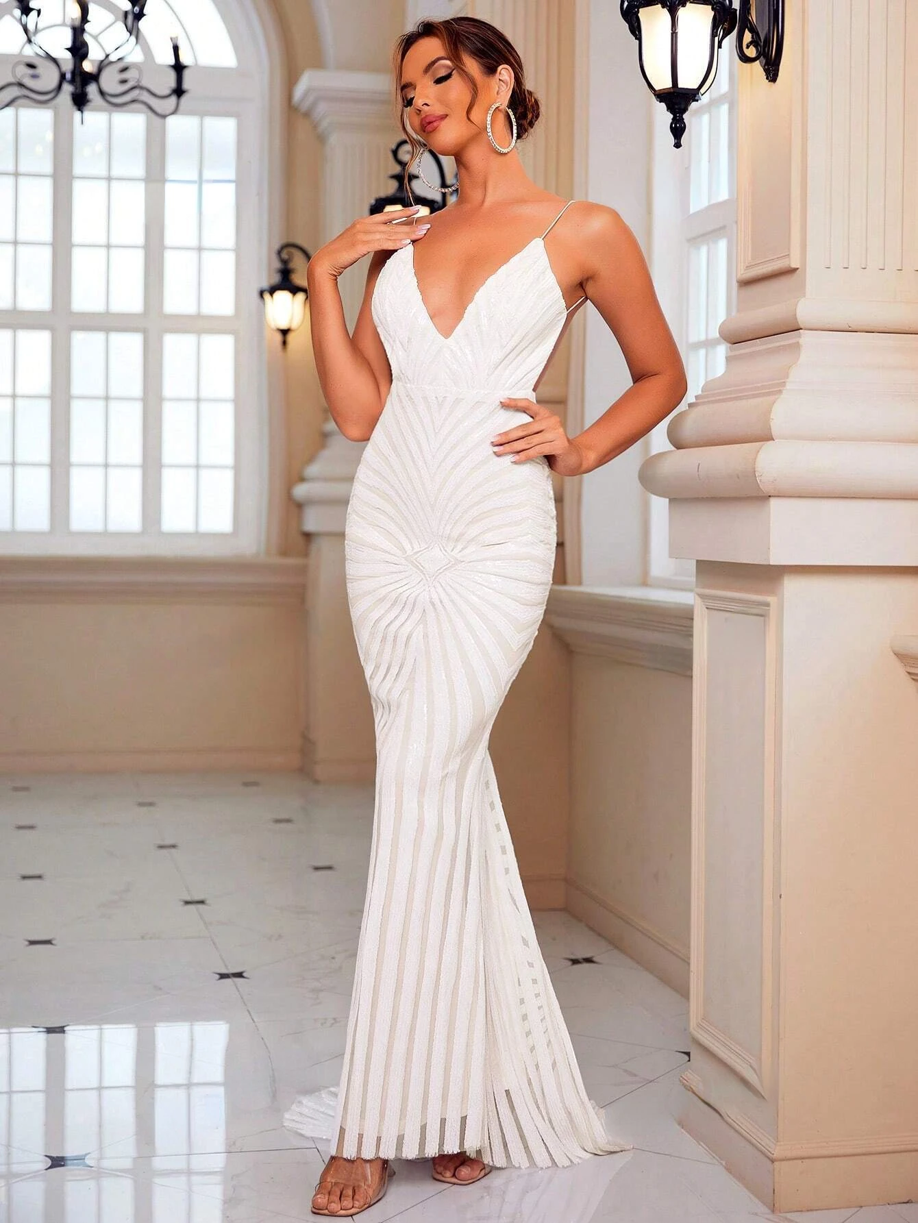 LOVE&LEMONADE Sexy Plunging Neck Mermaid Hem White Sequin Wedding Dress for Women Girls Wholesale Dropshipping LM81225