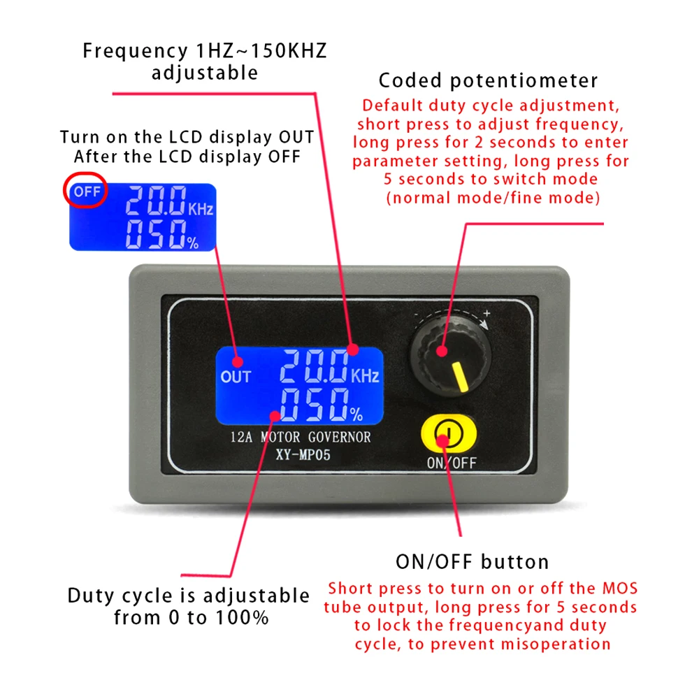 DC6-30V 150W 5A DC Motor Speed Controller PWM Motor LED Lighting Dimming Controller Slow Start Slow Stop Encoder XY-MP05