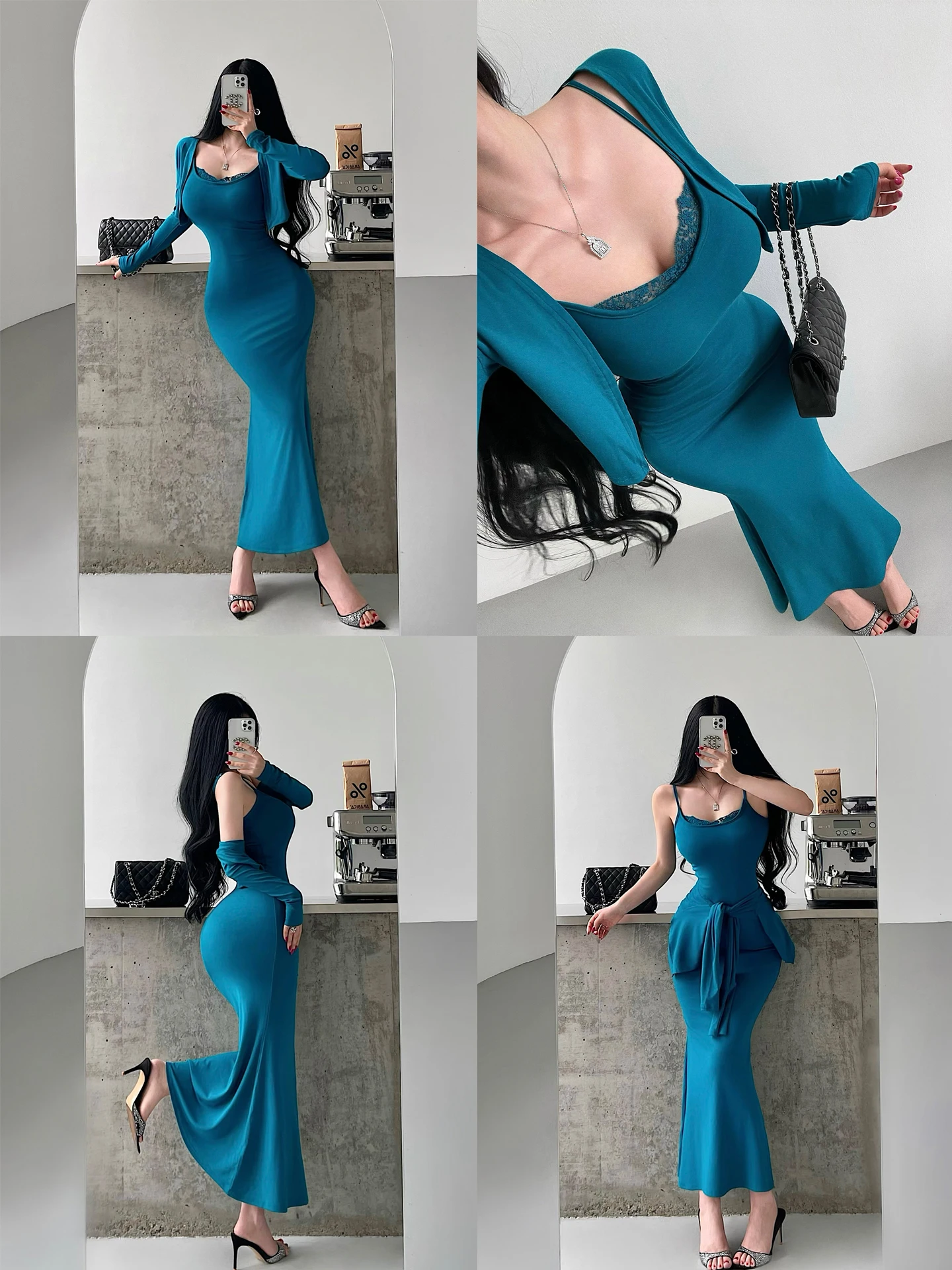 Young Girl Day Pure Desire Sexy Long Skirt Dress with Lace Trim Strap Long Sleeve Fish Tail Design Two Piece Set for Women