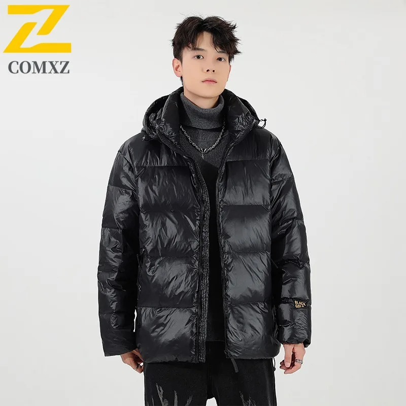 COMXZ 2025 Winter New Trend Men Hooded Down Jacket Fashion Thermal White Duck Down Coat Waterproof Windproof outdoor sports coat