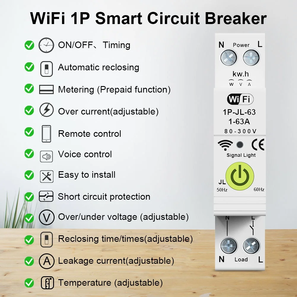 Tuya WiFi Intelligent Circuit Breaker ON OFF Timing Energy Meter Automatic Reclosing Protector with Metering and Prepaid Functio
