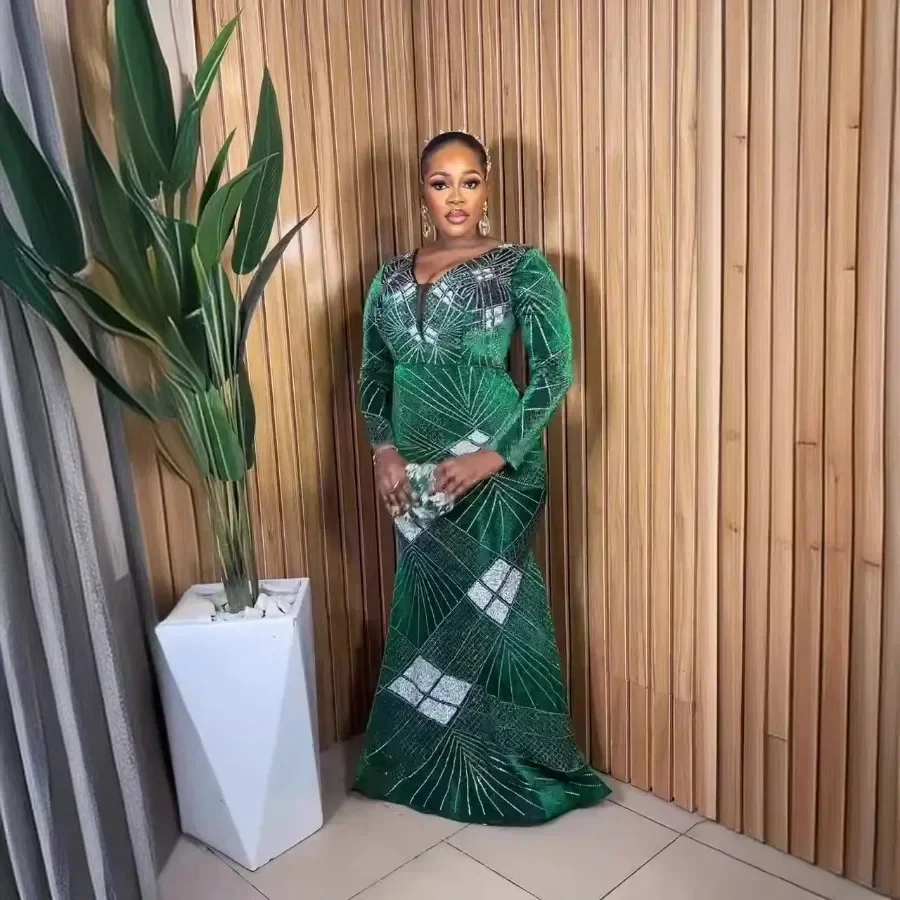 Африканские свадебные платья с блестками для женщин, весенние африканские платья с длинными рукавами и v-образным вырезом, длинные платья макси, Дашики, африканская одежда