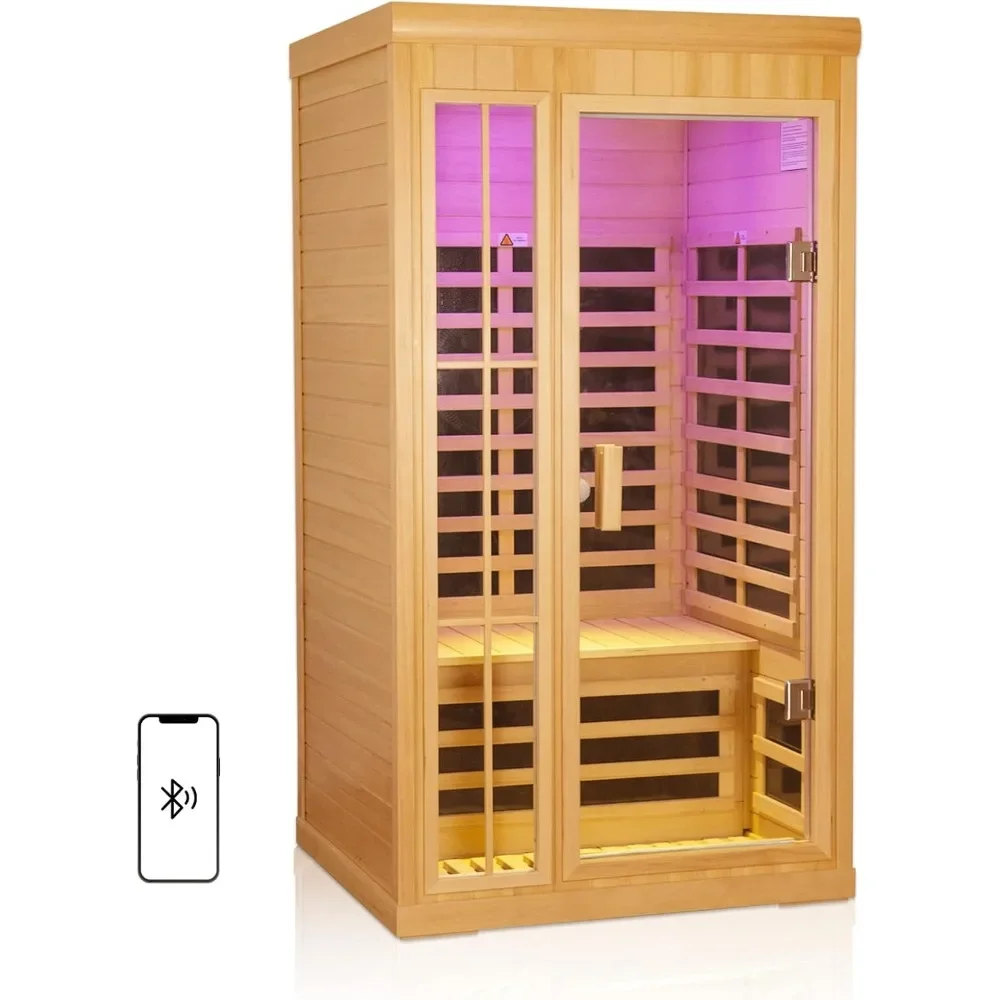 Sauna infrarroja para 1 a 2 personas, Saunas infrarrojos lejano EMF bajo de madera Hemlock para el hogar, caja de sala de sauna personal interior de 1350 vatios