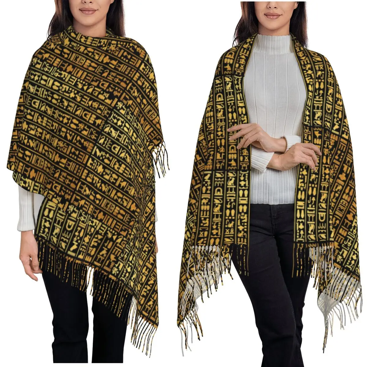 

Древний золотой фараон, египетский король-урок, египетский иероглифовый шарф, шарфы с кисточками, женские шали и накидки, большая зимняя шаль