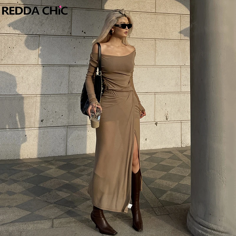 

REDDACHiC Women See-through Slit Overshirt & Bodycon Dress Y2k Vintage Ruched Off-Shoulder Long Sleeves Autumn 2-piece Dress Set