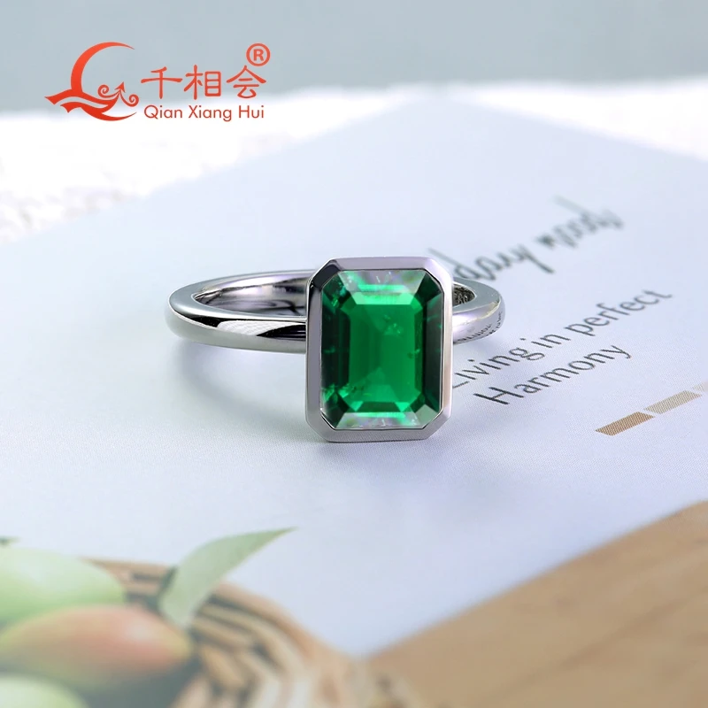 7*9mm 2ct  emerald Bezel Setting Ring Band 925 Sterling Silver Created Hydrothermal  Emerald Ring Jewelry gift dating wedding