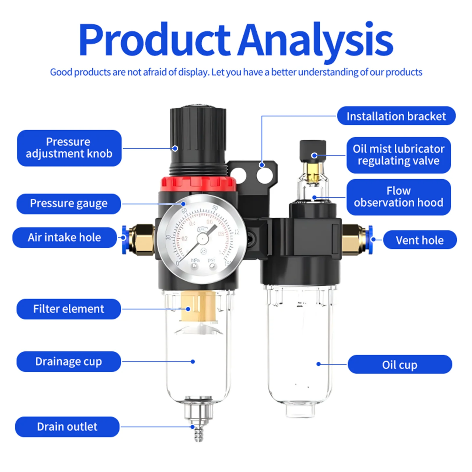 AFC2000 Oil Water Separator Regulator Trap Filter Airbrush Air Compressor Pressure Reducing 1/4 Equipped with PL connector