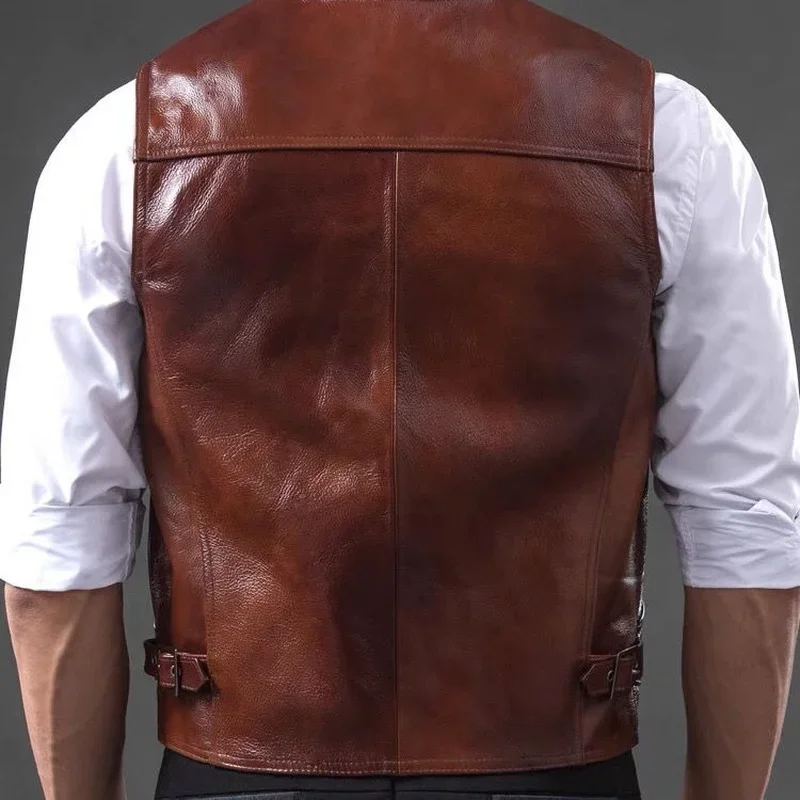 Men's Genuine Leather Vest Top Layer Cowhide Multiple Pockets Middle-aged and Elderly Slim Plus Size Leather Vest Retro