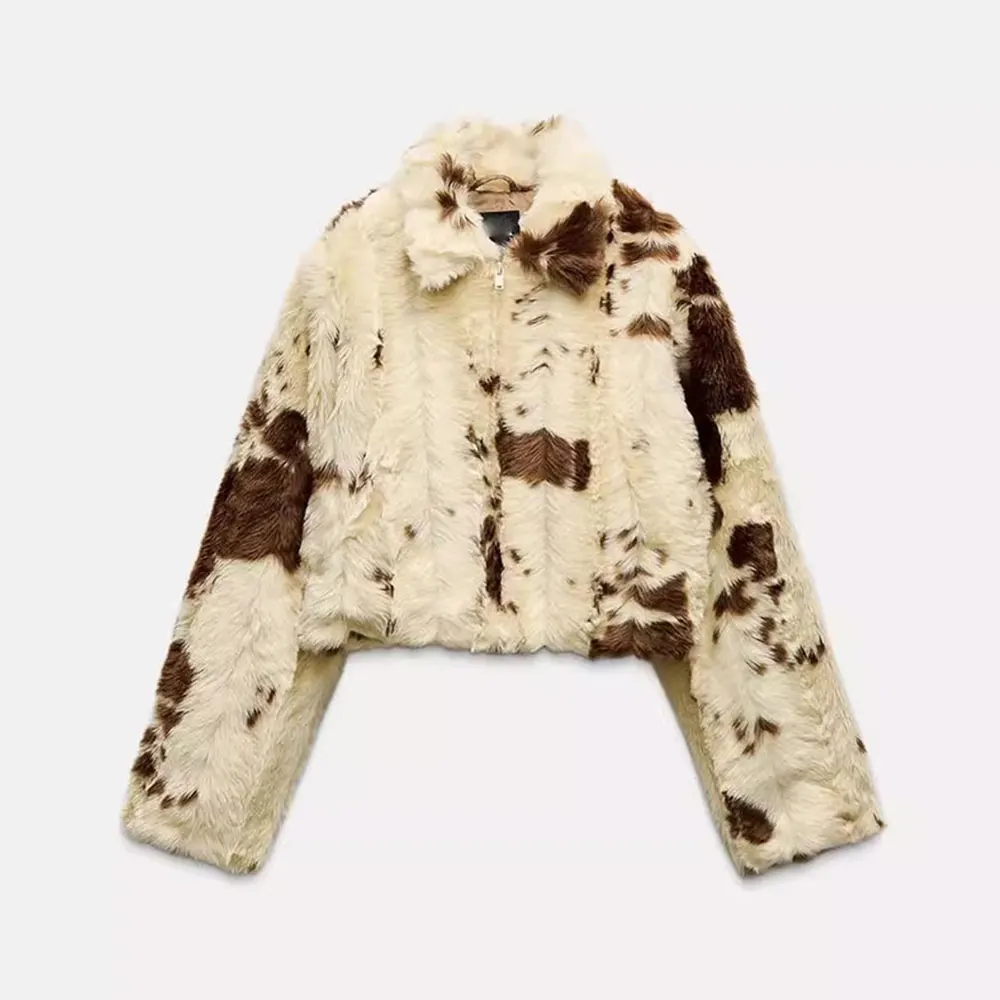 Damska jesienno-zimowa moda, płaszcz z klapami, pluszowy płaszcz, kurtka z wełny jagnięcej, luźna parka z imitacji futra, kolor krowy, odzież wierzchnia damska.